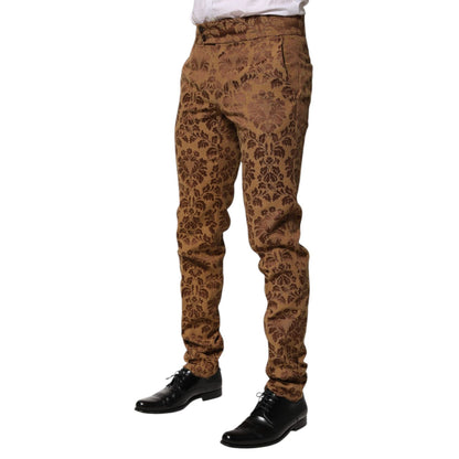 Dolce & Gabbana Brown Floral Jacquard Men Skinny Trouser Pants
