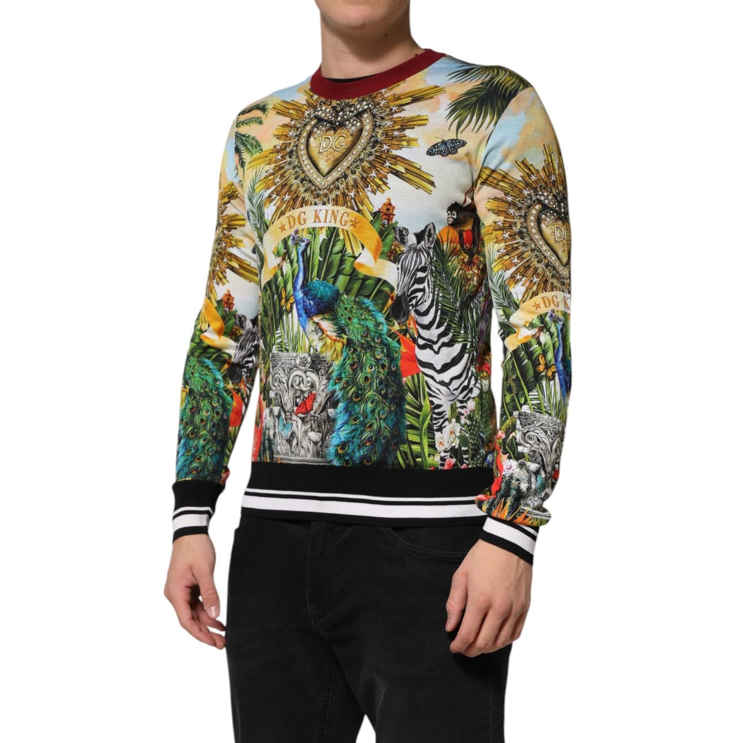 Dolce & Gabbana Tropical Heart Crown Silk Pullover Sweater