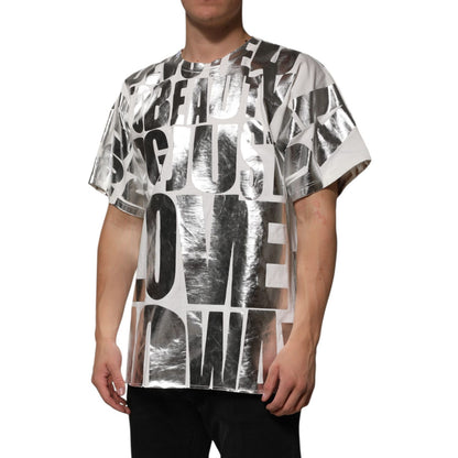 Dolce & Gabbana White Cotton Silver Metallic Slogan Print T-shirt