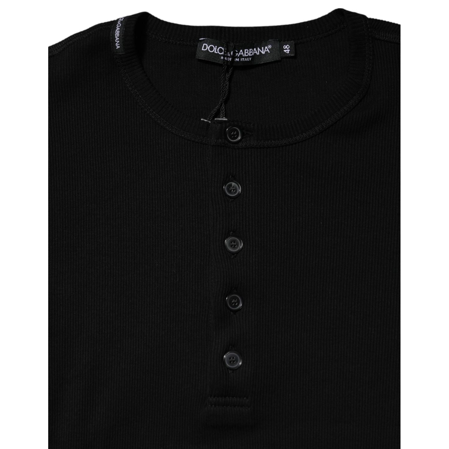 Dolce & Gabbana Black Cotton Knit Crew Neck Henley T-shirt