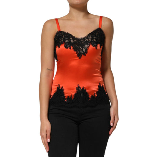 Dolce & Gabbana Red Black Lace Trim Silk Sleeveless Tank Top Dolce & Gabbana