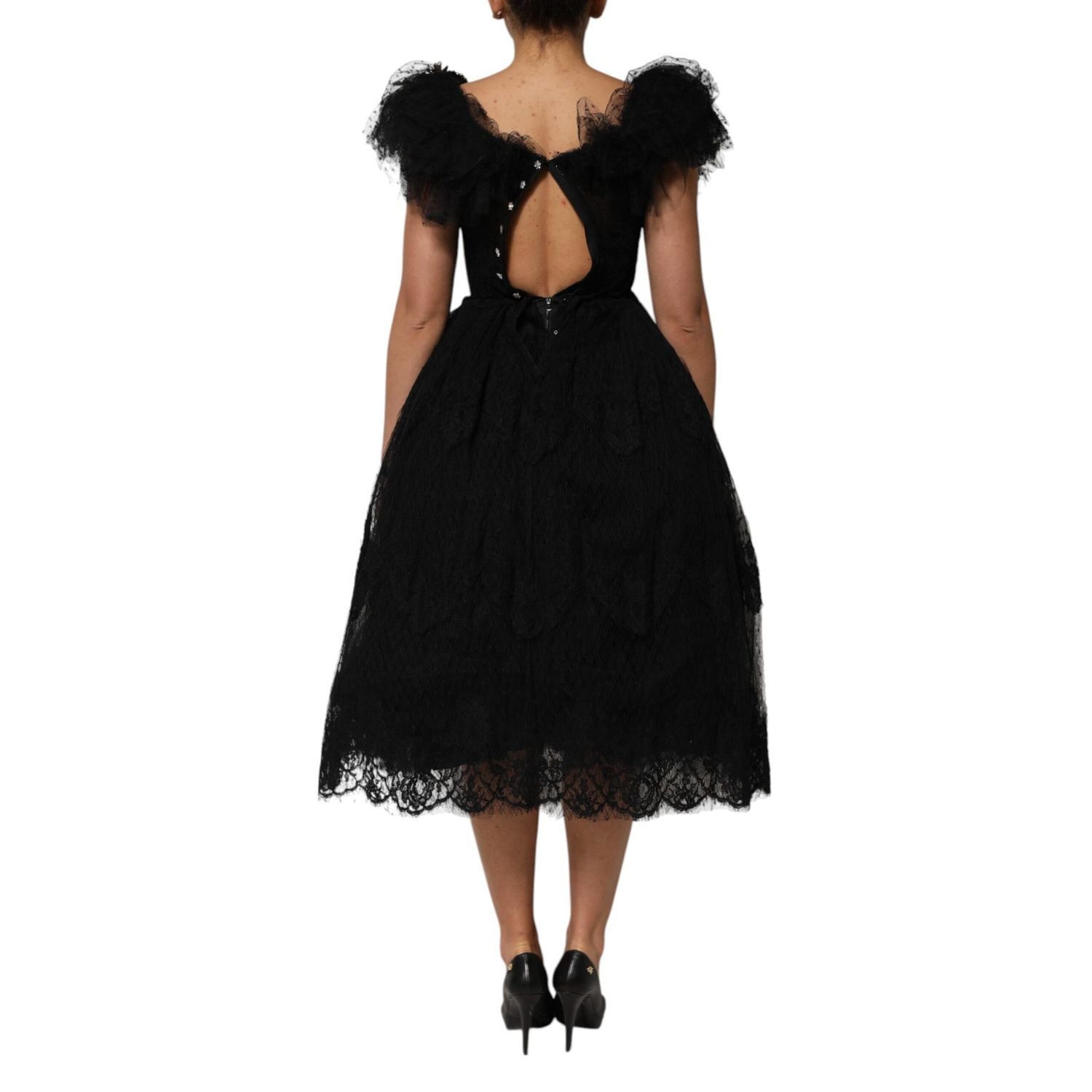 Dolce & Gabbana Black Crystal Embellished Midi A-line Dress