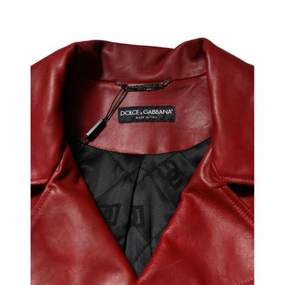 Dolce & Gabbana Red Leather Belted Full Zip Trench Coat Jacket