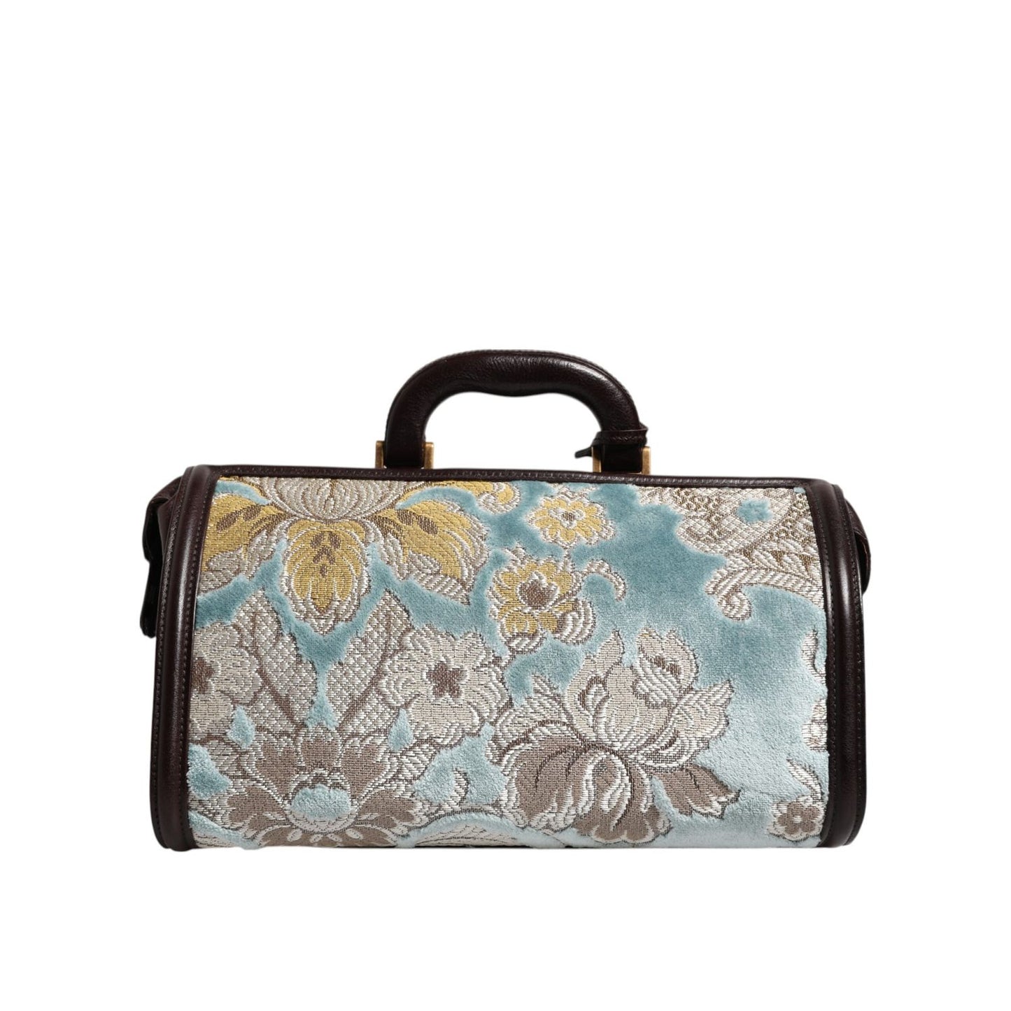 Dolce & Gabbana Blue Brown Leather Floral Jacquard Travel Handbag Bag