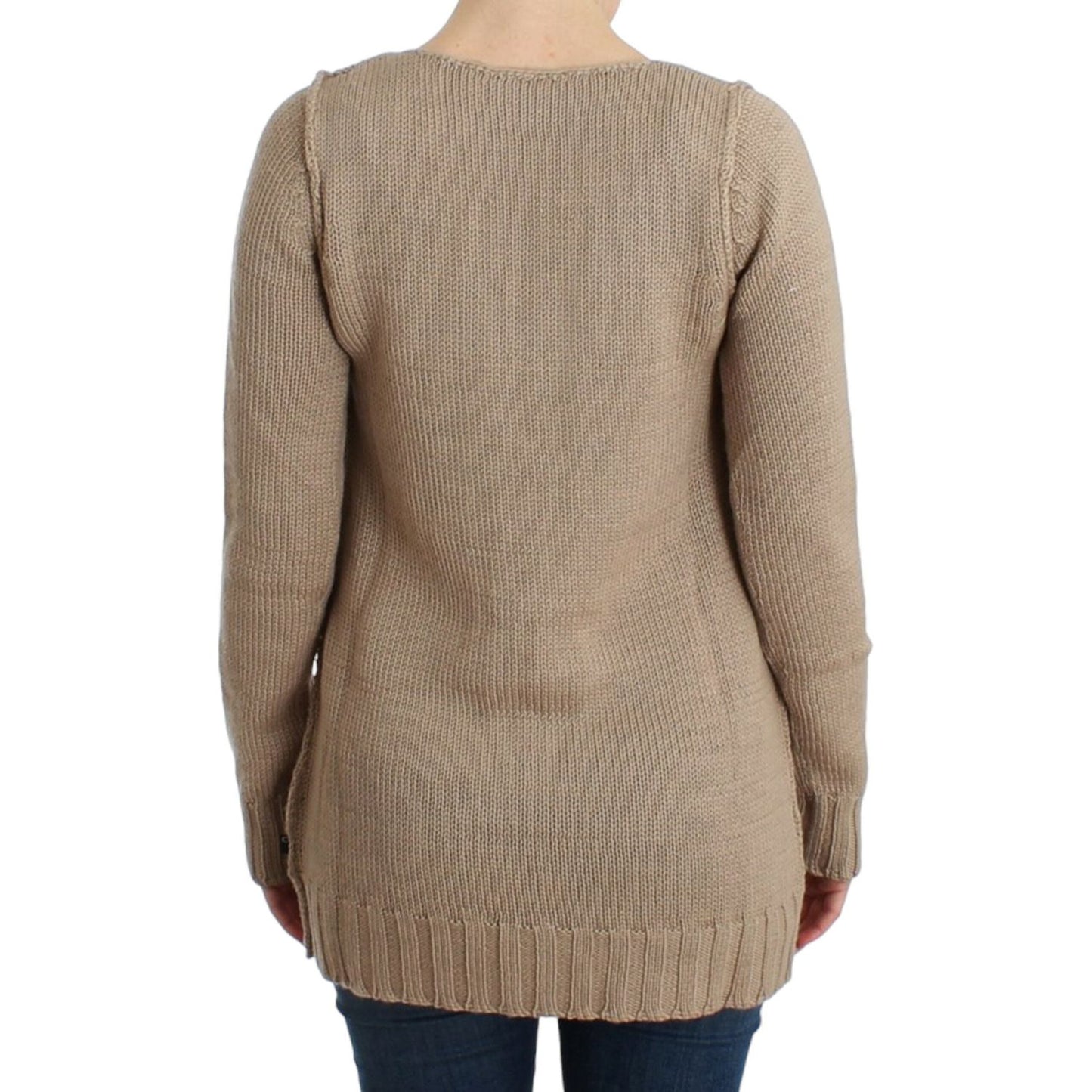 Cavalli | Elegant Beige Knitted Crew Neck Sweater| McRichard Designer Brands   