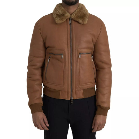 Dolce & Gabbana Brown Leather Fur Button Biker Coat Jacket