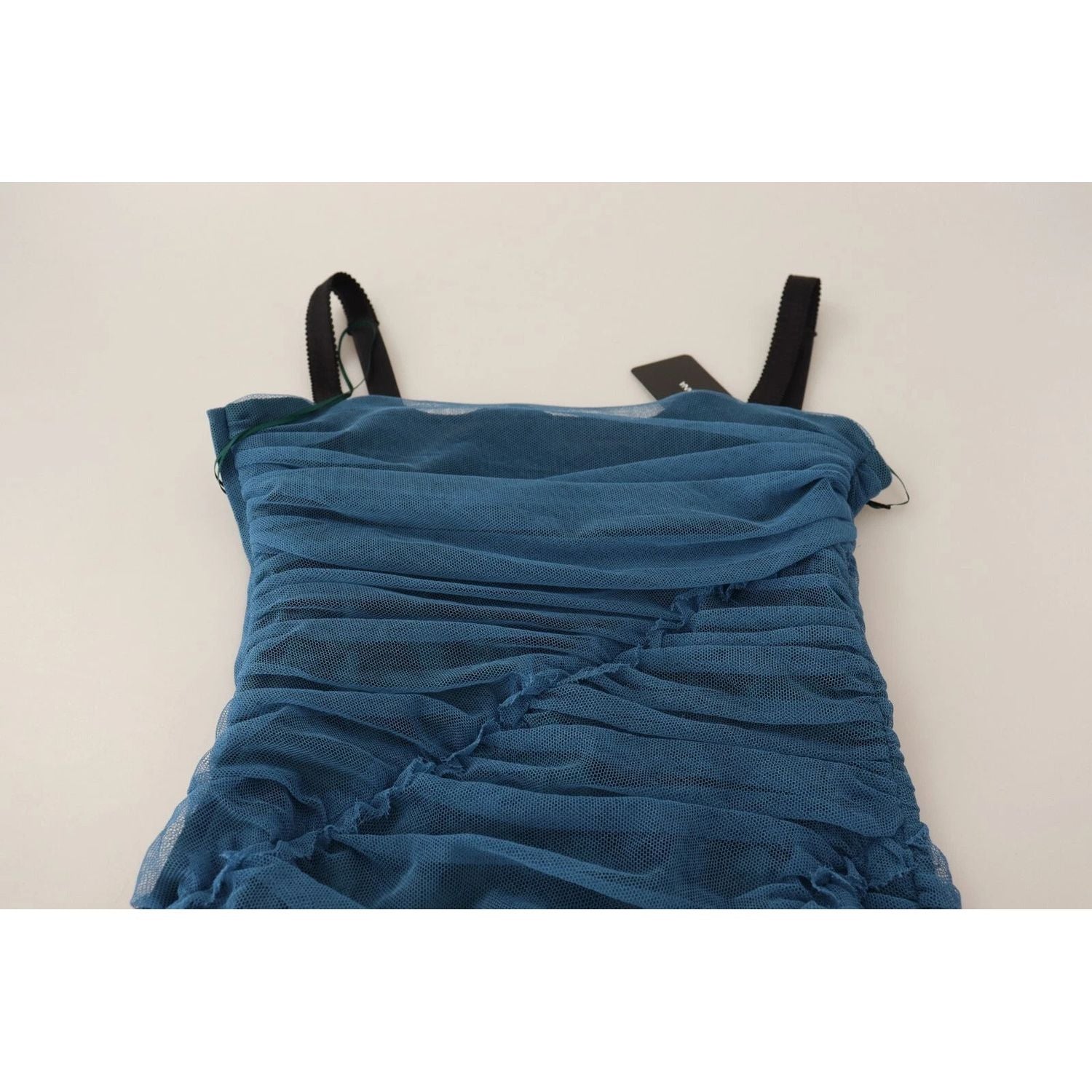 Dolce & Gabbana Blue Mesh Trim Ruched Tulle Sheath Dress