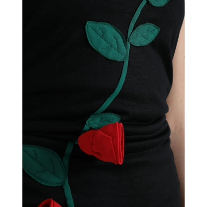 Dolce & Gabbana Black Wool Sleeveless Rose Applique Dress
