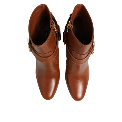 Dolce & Gabbana Brown Leather DG Logo Buckle Ankle Boots Shoes