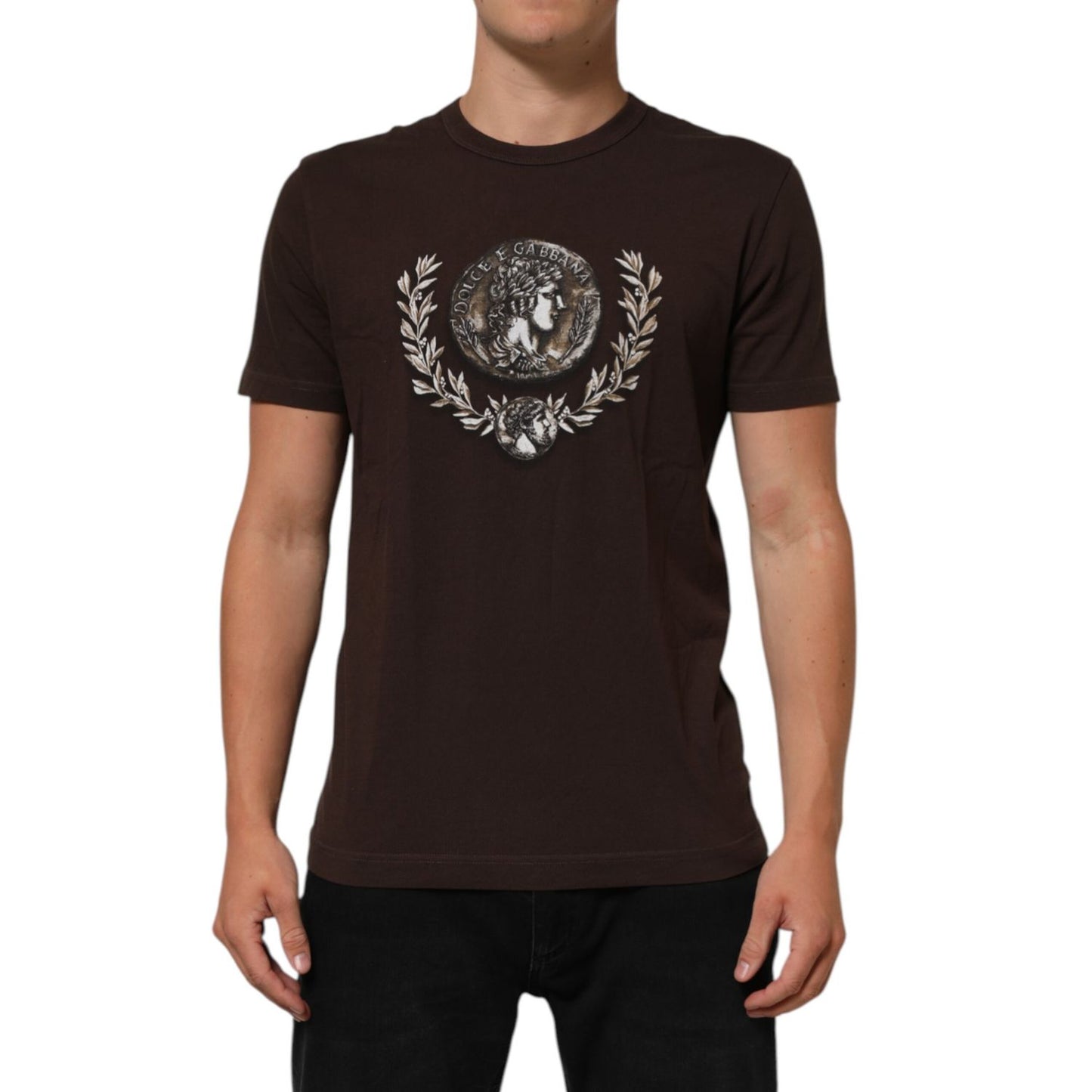 Dolce & Gabbana Brown Coin Laurel Print Men Crew Neck T-shirt
