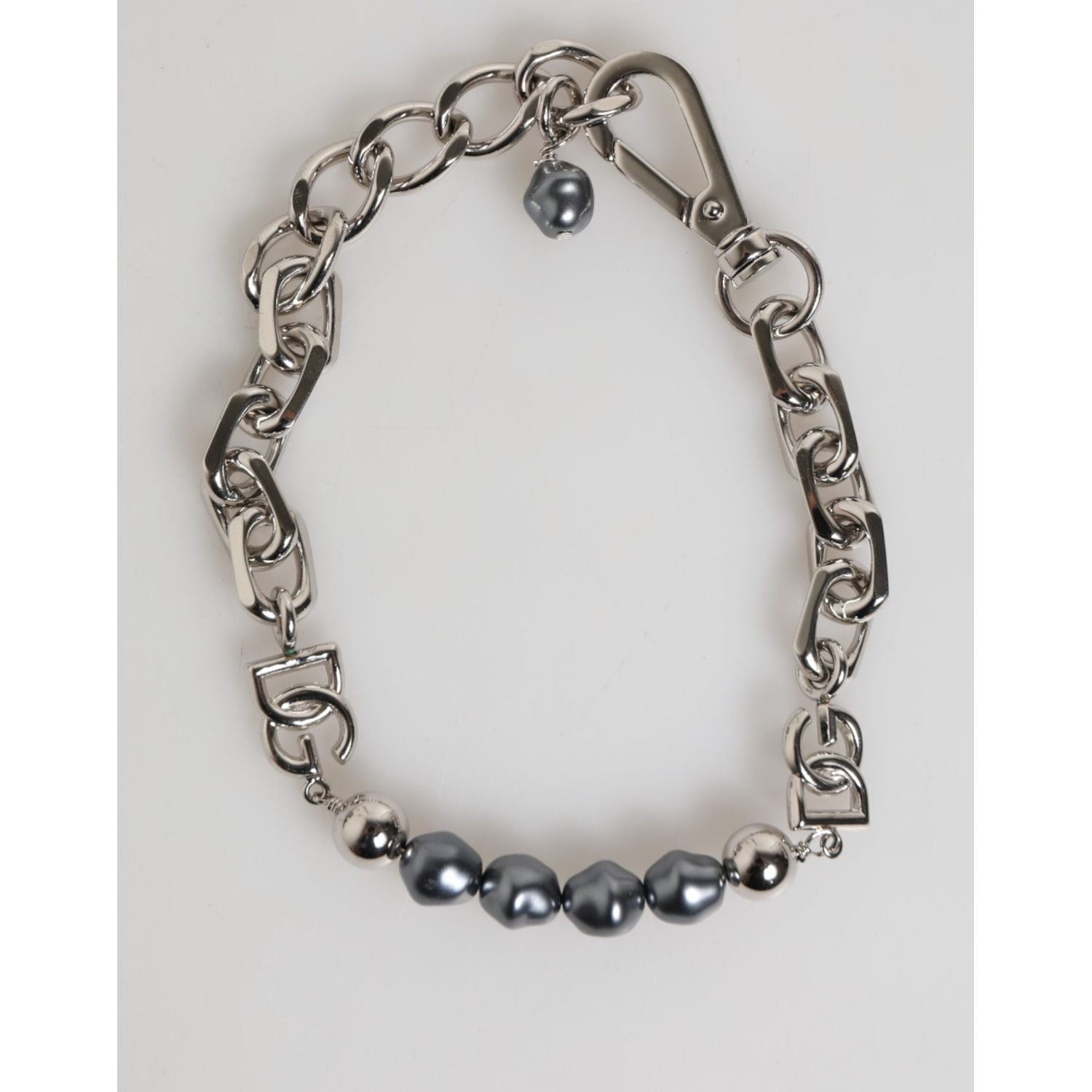Dolce & Gabbana Silver Tone Chain Lobster Clasp Logo Gray Pearls Bracelet