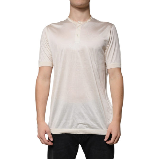 Dolce & Gabbana Off White Silk Henley Short Sleeves T-Shirt