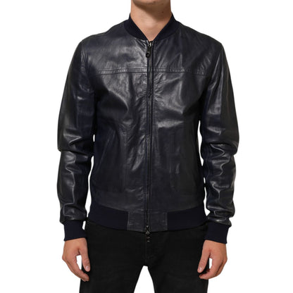 Dolce & Gabbana Blue Leather Full Zip Biker Blouson Jacket