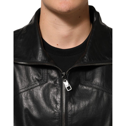Dolce & Gabbana Black Leather Full Zip Biker Blouson Jacket