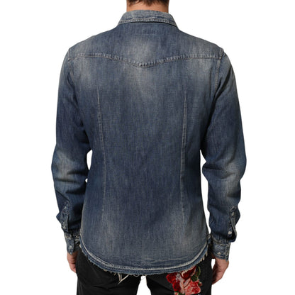 Dolce & Gabbana Blue Angel Patch Denim Buttoned Down Men Shirt