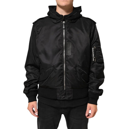 Dolce & Gabbana Black Cotton Hooded Full Zip Bomber Jacket