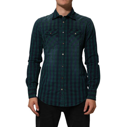 AGLINI Green Checkered Cotton Button Down Long Sleeves Shirt