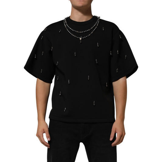 Dolce & Gabbana Black Polyester Necklace Embellished T-shirt
