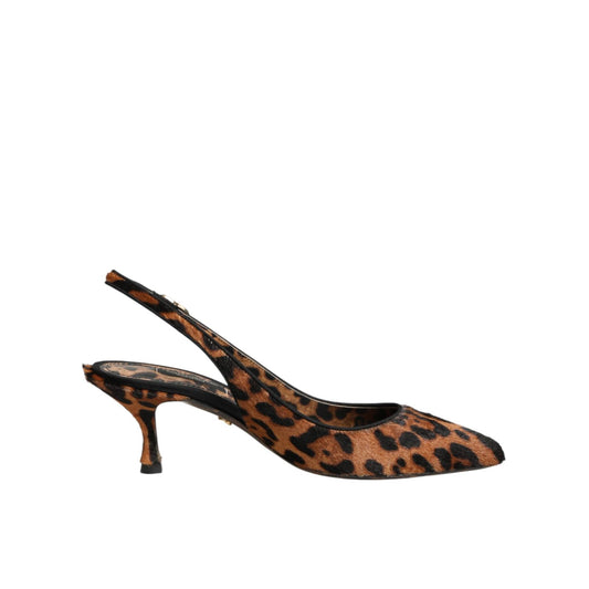 Dolce & Gabbana Brown Leopard Calfskin Fur Slingbacks Shoes