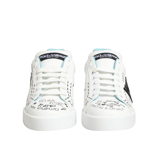 Dolce & Gabbana White Leather Graffiti Low Top Sneakers Shoes