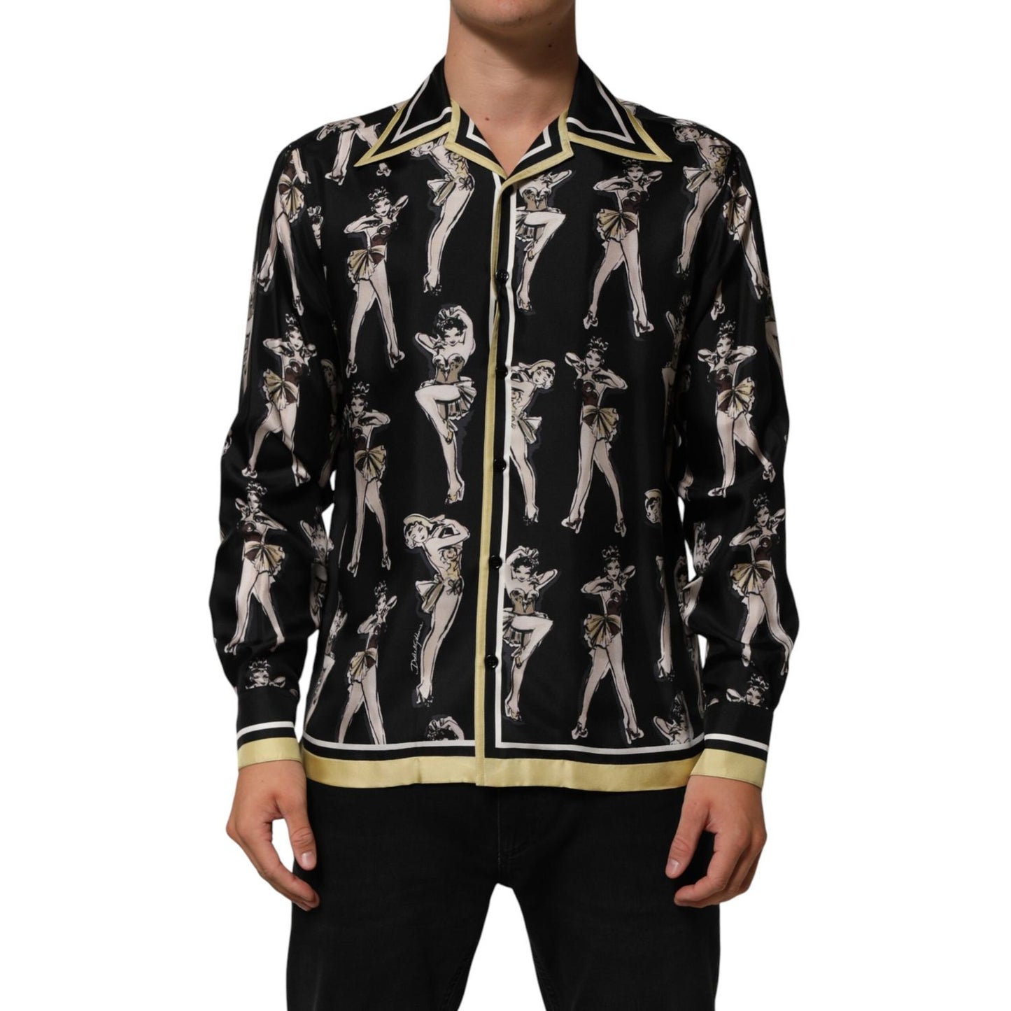 Dolce & Gabbana Black Silk Pin Up Printed Button Down Shirt