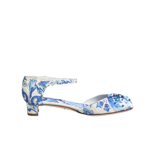 Dolce & Gabbana White Blue Floral Crystal Ankle Straps Shoes