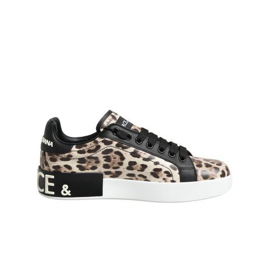 Dolce & Gabbana Brown Leather Leopard Low Top Sneakers Shoes