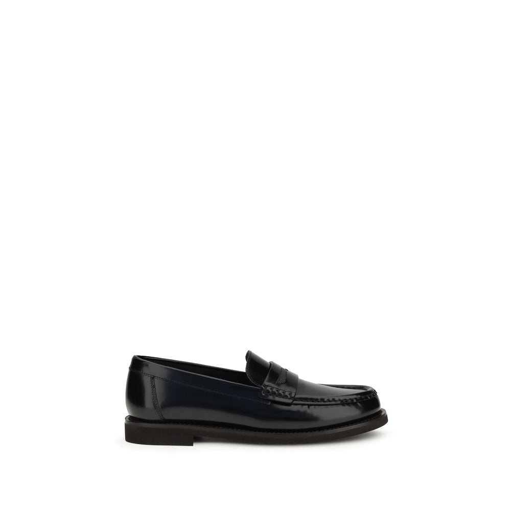 Brunello Cucinelli Black Leather Slip-On Loafers