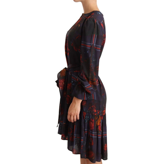 Ballantyne A-line Navy Blue Floral Silk Long Sleeve Knee Length Dress