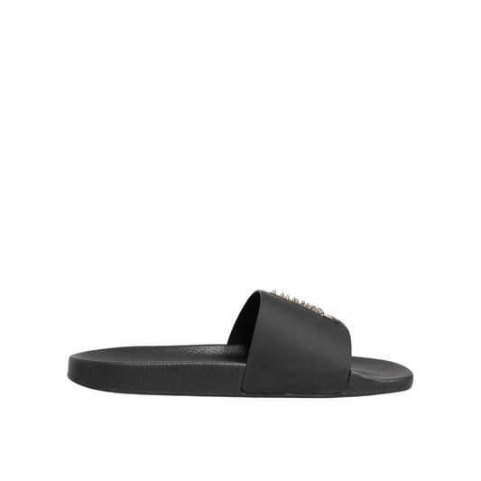 Dolce & Gabbana Black Leather Slides Sandals Beachwear Shoes