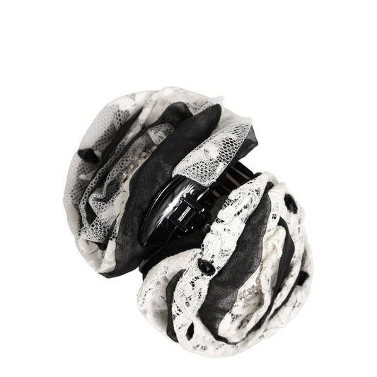 Dolce & Gabbana Black White Silk Floral Lace Crystal Accessory Hair Claw