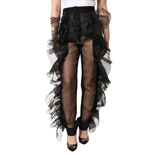 Dolce & Gabbana Black High Waist Tulle Wool Trouser Pants
