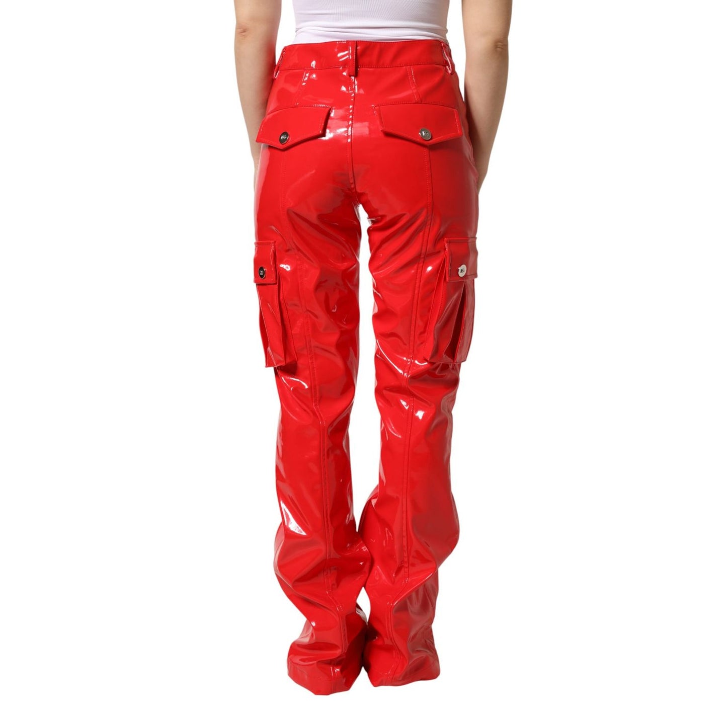 Dolce & Gabbana Red Glossy Polyester Cargo Boot Cut Pants