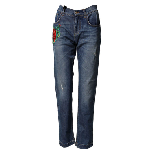 Dolce & Gabbana Blue Floral Embroidered BOYFRIEND Denim Jeans