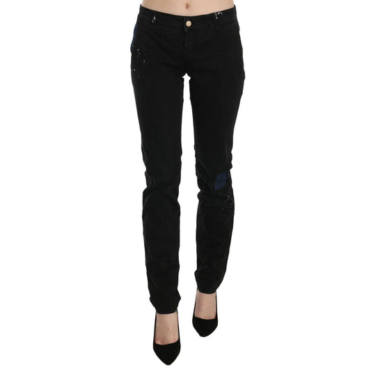 John Galliano Black Low Waist White Paint Skinny Denim Pants Jeans