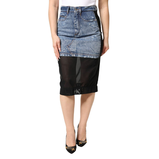 Dolce & Gabbana Blue Black Cotton Denim Sheer Midi Skirt