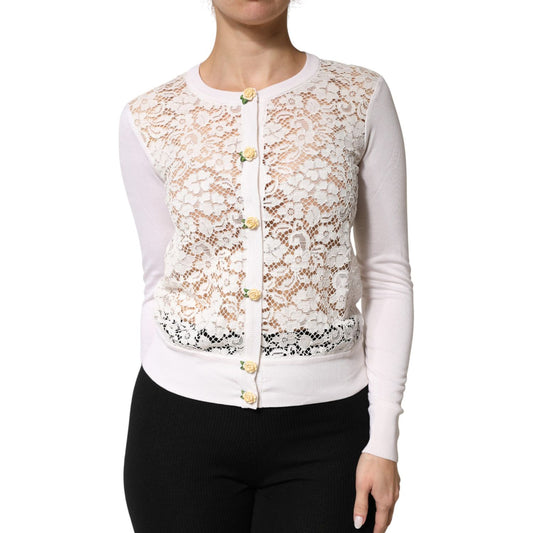 Dolce & Gabbana Cream Lace Knit Rose Button Cardigan Sweater