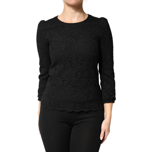 Dolce & Gabbana Black Floral Lace Silk Round Neck Blouse Top