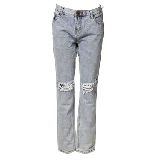 One Teaspoon Light Blue Tattered Mid Waist Straight Denim Jeans