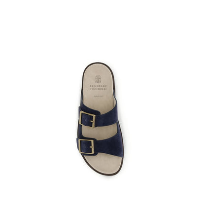 Brunello Cucinelli Black Calf Leather Bos Taurus Flat Sandals