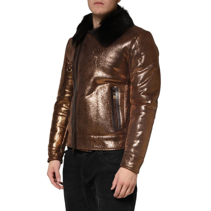 Dolce & Gabbana Bronze Leather Fur Full Zip Men Biker Jacket