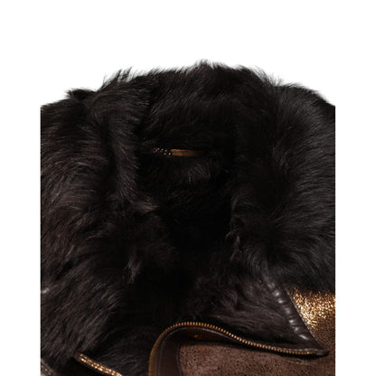 Dolce & Gabbana Bronze Leather Fur Full Zip Men Biker Jacket