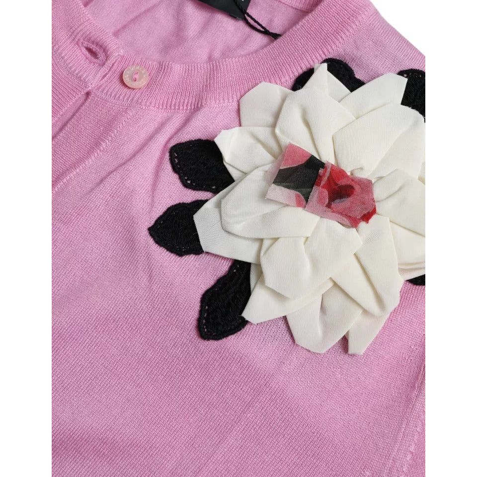 Pink Floral Crew Neck Button Cardigan Sweater