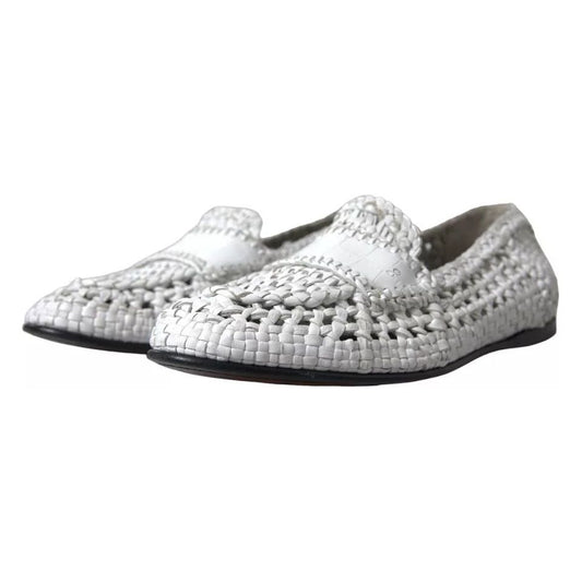 White Woven Leather Men Slip On Loafers Shoes
