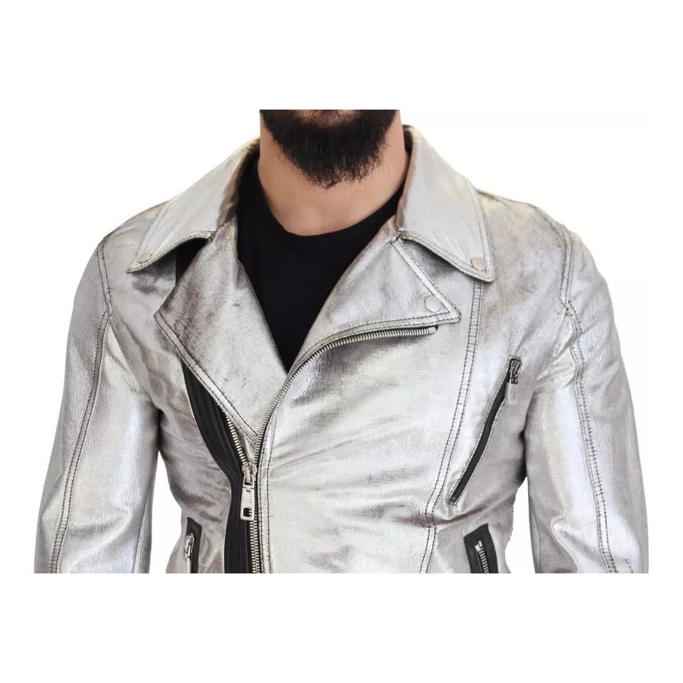 Silver Leather Biker Coat Lambskin Jacket