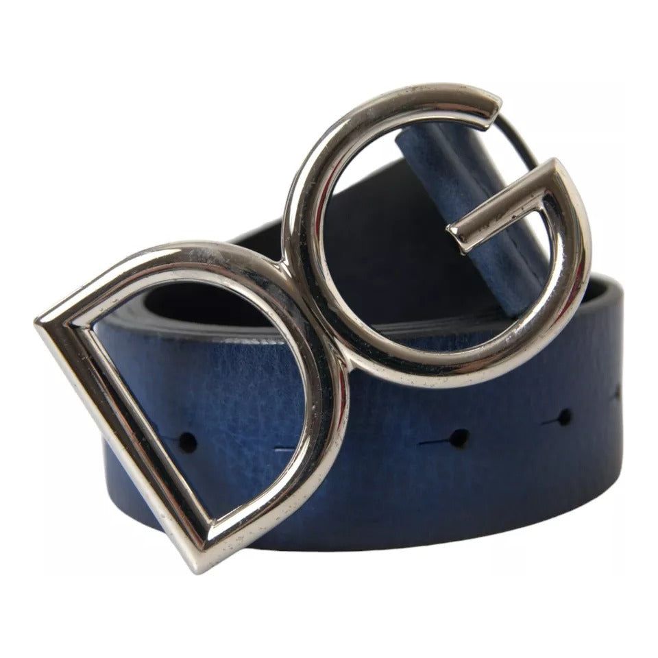 Dolce & Gabbana Blue Calf Leather Silver DG Logo Buckle Belt blue-calf-leather-silver-dg-logo-buckle-belt