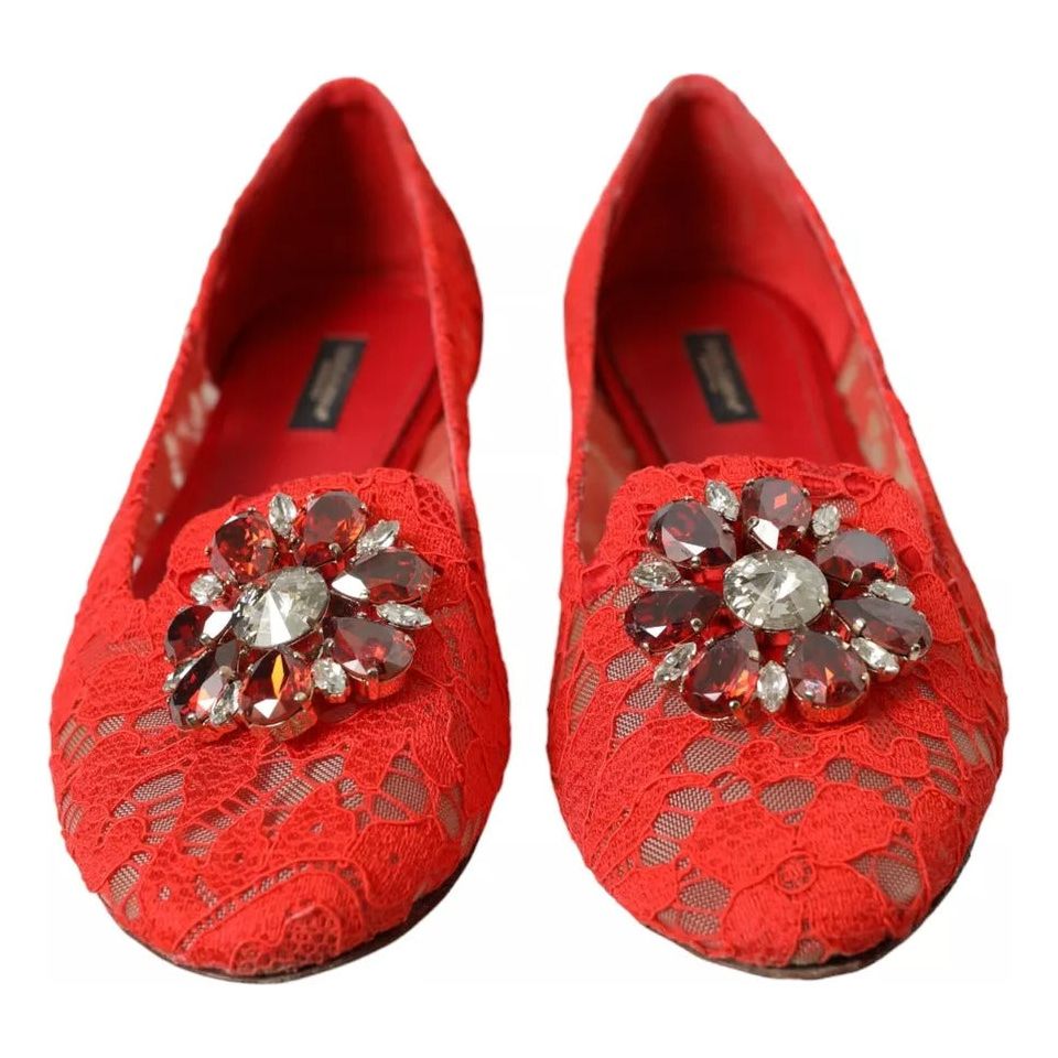 Red Lace Crystal Ballet Loafers Shoes