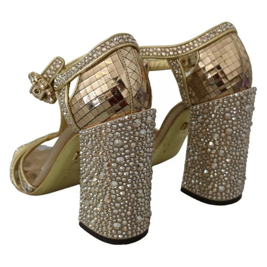 Gold Crystals T-strap Sandals Leather Shoes