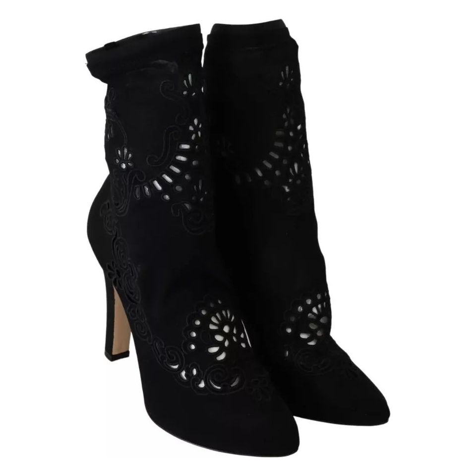 Black Stretch Pumps Boots Floral Lace Shoes