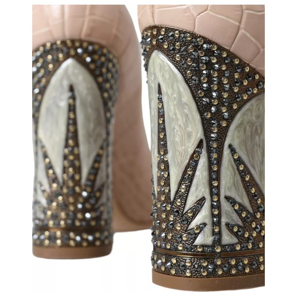 Beige Leather Mary Janes Embellished Shoes